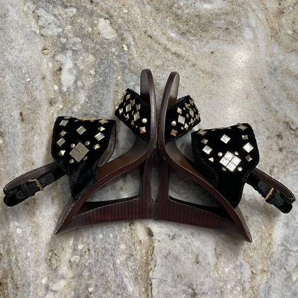 Tory Burch Kingsbridge Black Velvet Studded Wedge Sandals - Picture 7 of 14